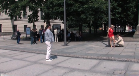 Curvy mom Kitty shamelessly posing buck naked for a crowd of people in public