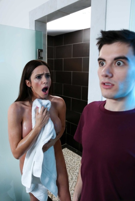 Hot mom Ariella Ferrera soaps big tits to titty fuck stepson in bathroom bang