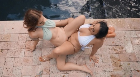 Naughty teen Aria Kai lets her BF join in while cheating with a lesbian